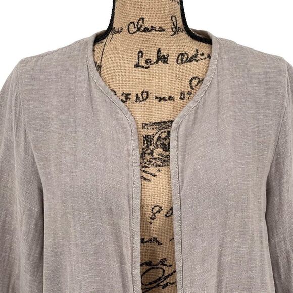 Tahari Linen Blend Open Front Blazer Lagenlook Pockets Taupe Women Medium - Picture 3 of 11